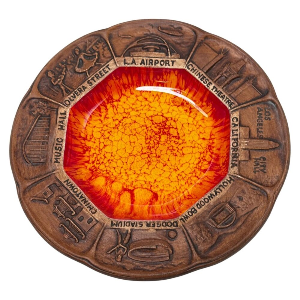 Vintage Treasure‎ Craft Ceramic Lava Plate Los Angeles Hollywood Bowl Orange 70s